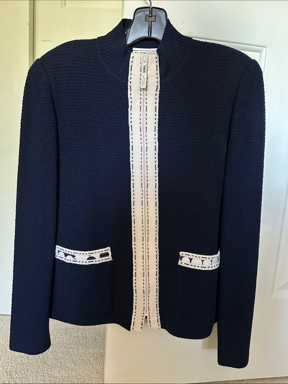 Navy Knit Blazer with Ivory Trim by St. John